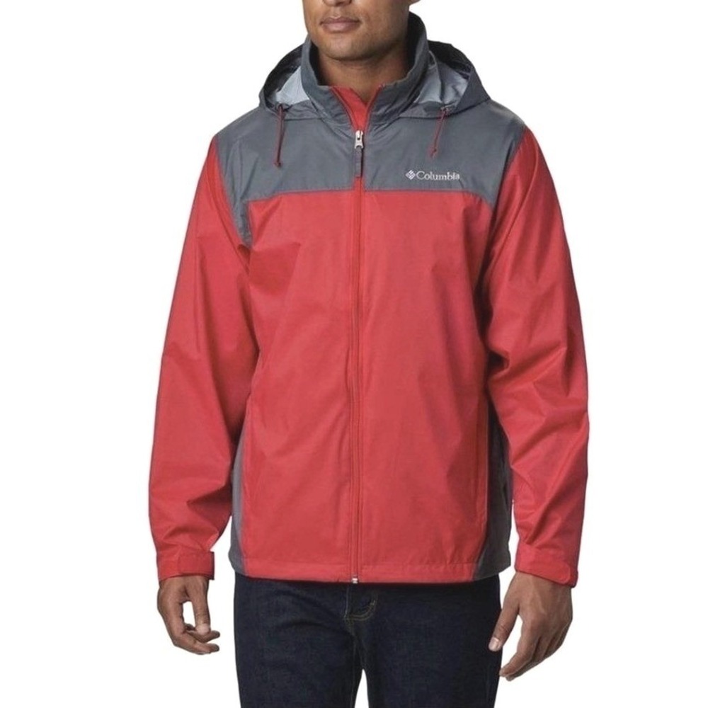 Columbia Mens Glennaker Lake Red Gray Full Zip Hooded Rain Jacket Size L